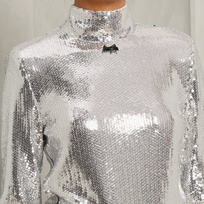 ROTATE Birger Christensen Silver Sequin High Collar Top