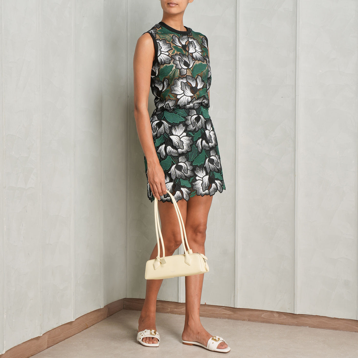 floral white and green top
