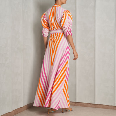 DE-CASTRO Illusion Maxi Dress Media pink orange white stripes long tie up long designer label