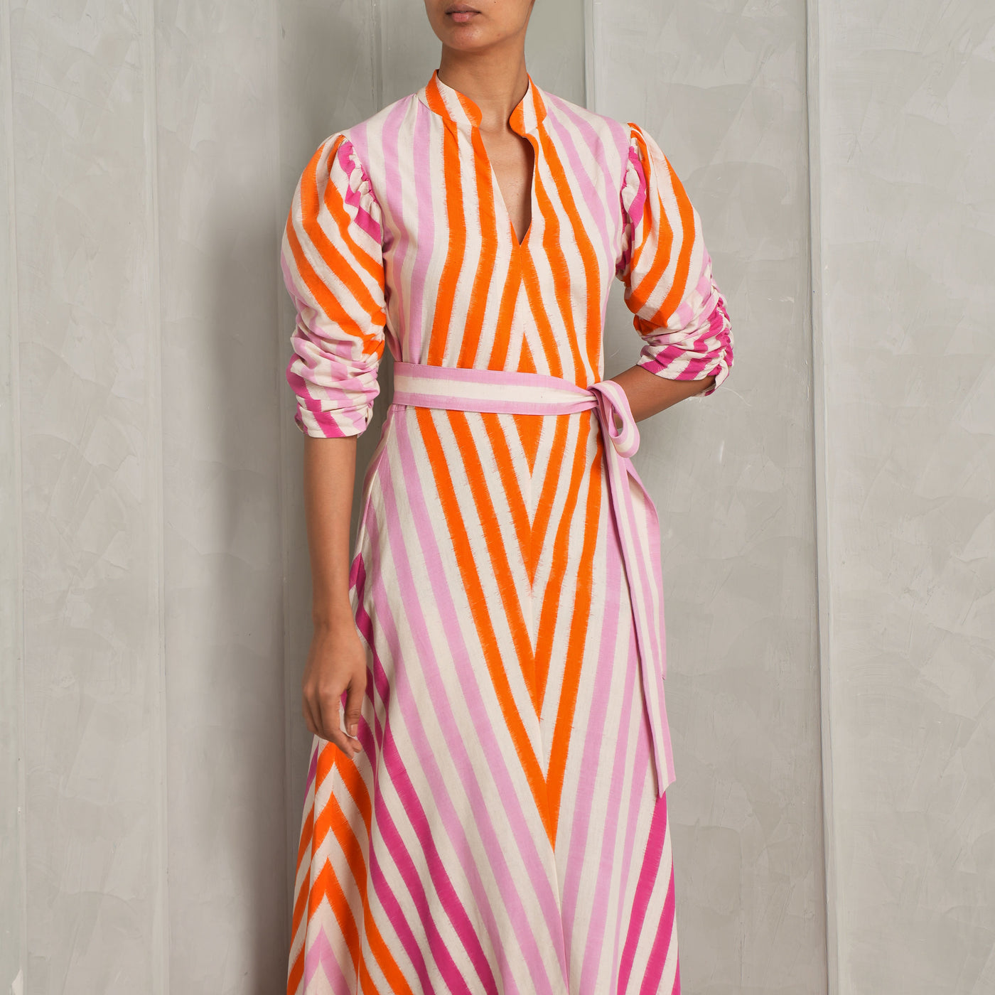 DE-CASTRO Illusion Maxi Dress Media pink orange white stripes long tie up long designer luxury