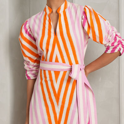 DE-CASTRO Illusion Maxi Dress Media pink orange white stripes long tie up