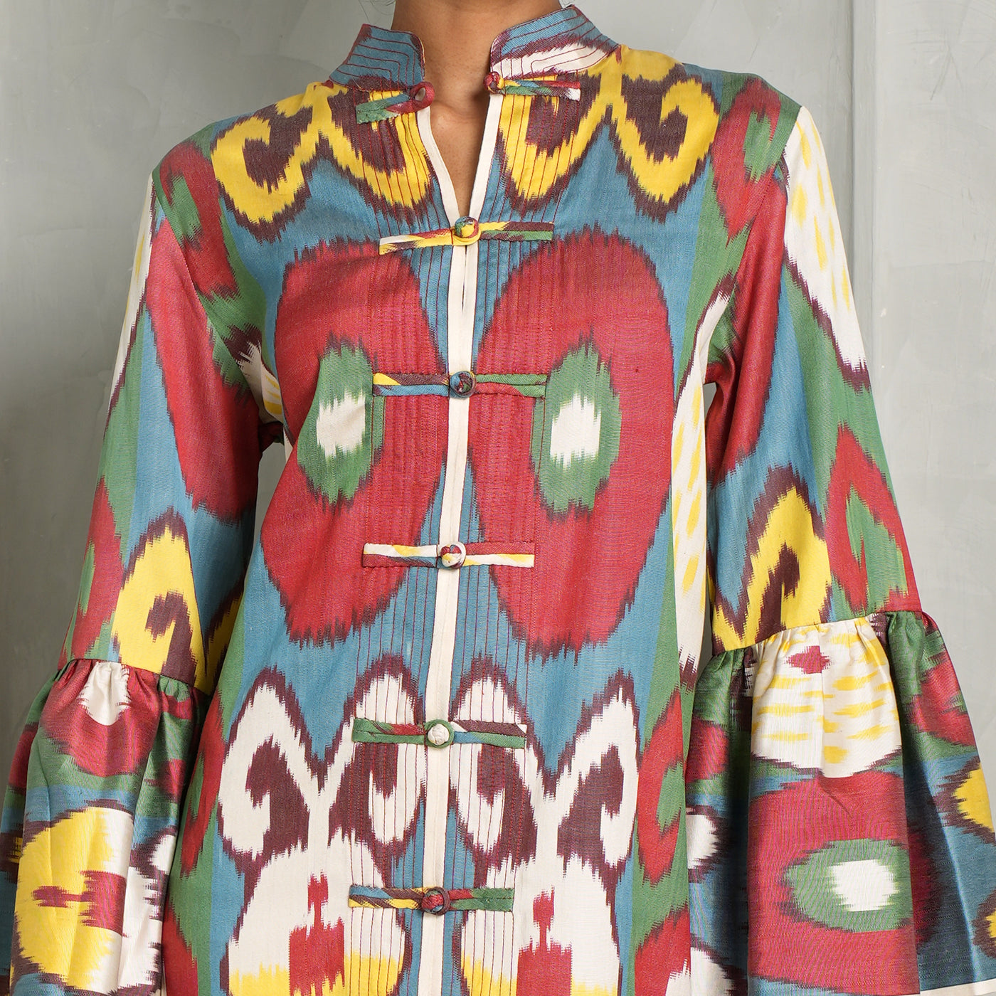 DE-CASTRO Dragon Midi Dress silk printed colourful long ikat motif cotton