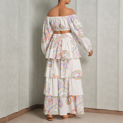 HAPPI SPACE palma co-ord set linen candy print crop top tiered long skirt set