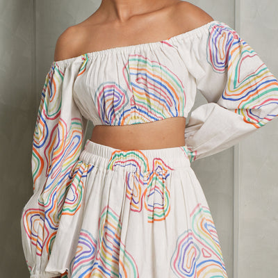 HAPPI SPACE palma co-ord set linen candy print off shoulder crop top with balloon sleeve set