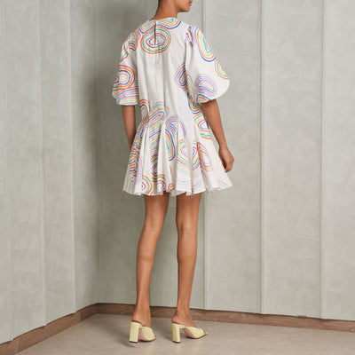 HAPPI SPACE wildflower dress linen multicolour candy print with pleat detailing and tiered hemline