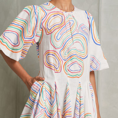 HAPPI SPACE wildflower dress linen multicolour candy print round neckline with balloon sleeve dress 