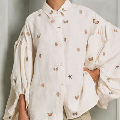 AGUA BY AGUA BENDITA beige linen embroidered agar caracola shirt