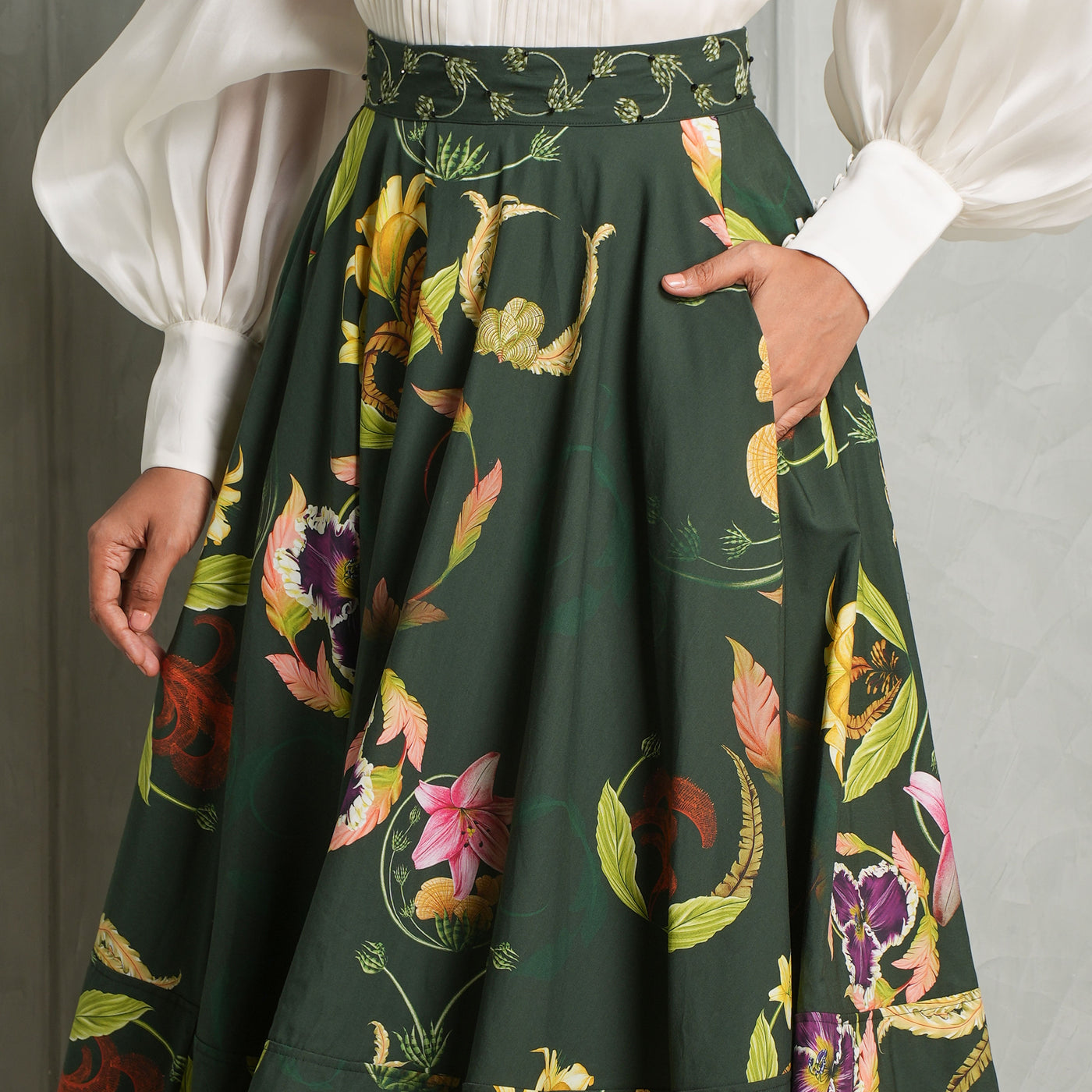AGUA BY AGUA BENDITA Green linen printed Bergamota Marina Skirt