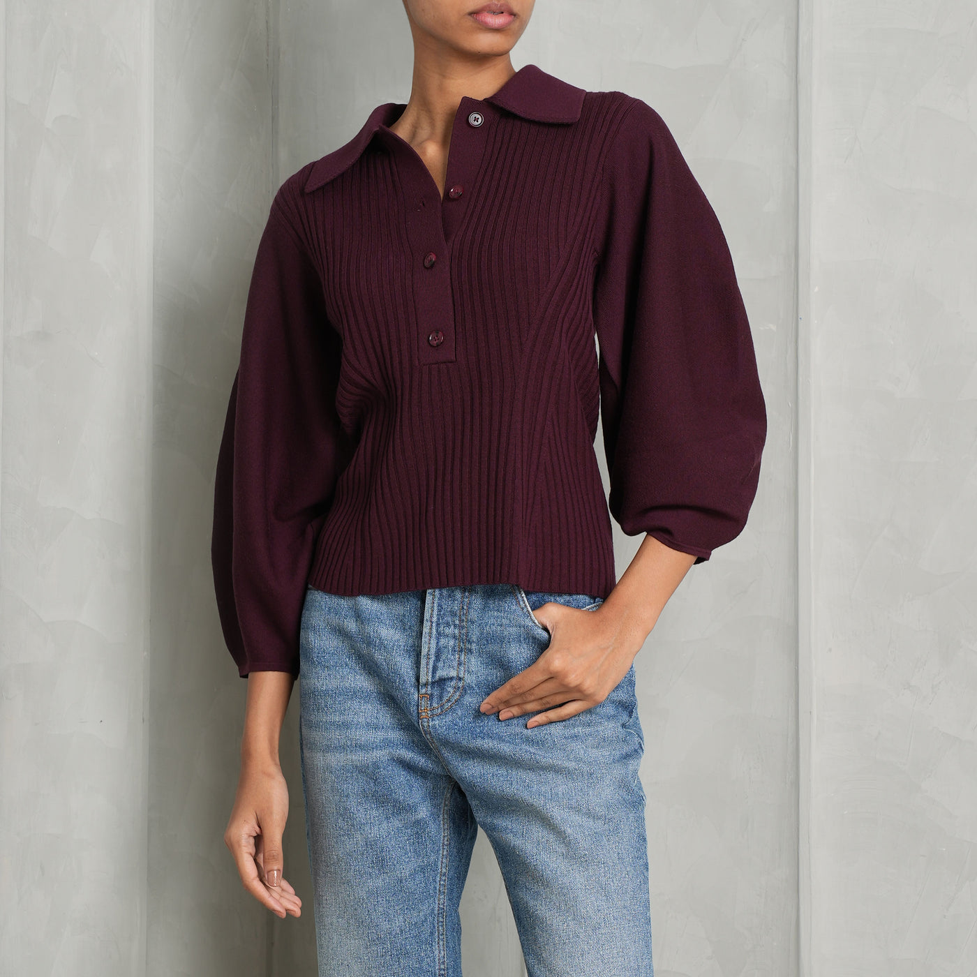 CHLOÉ puff sleeve stand collar buttoned ribbed pullover