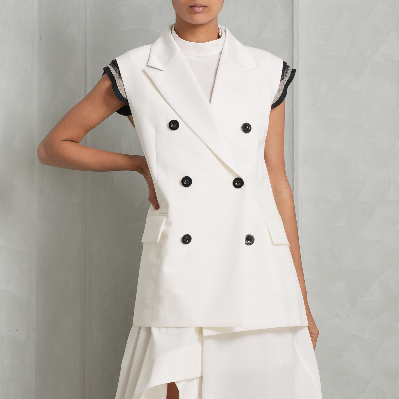SACAI White Suiting Mix Dress with  visible shoulder pads