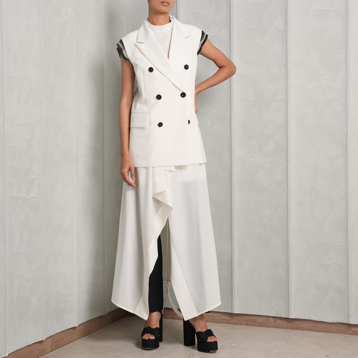 SACAI White Suiting Mix Dress with a vertical belt detail