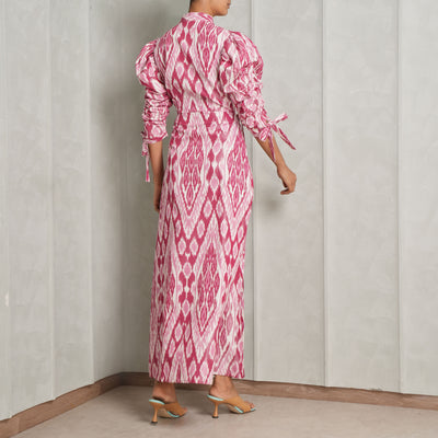 DE-CASTRO Candela Maxi Dress pink white linen puffed sleeves deep neck beautiful garments