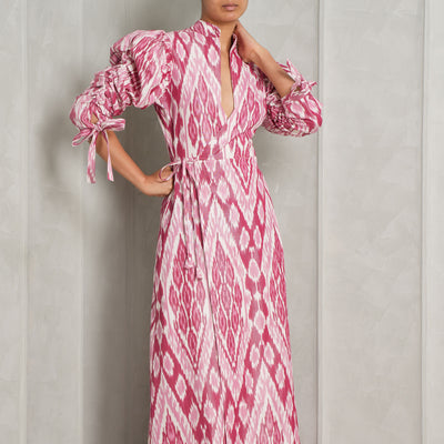 DE-CASTRO Candela Maxi Dress pink white linen puffed sleeves deep neck long dress