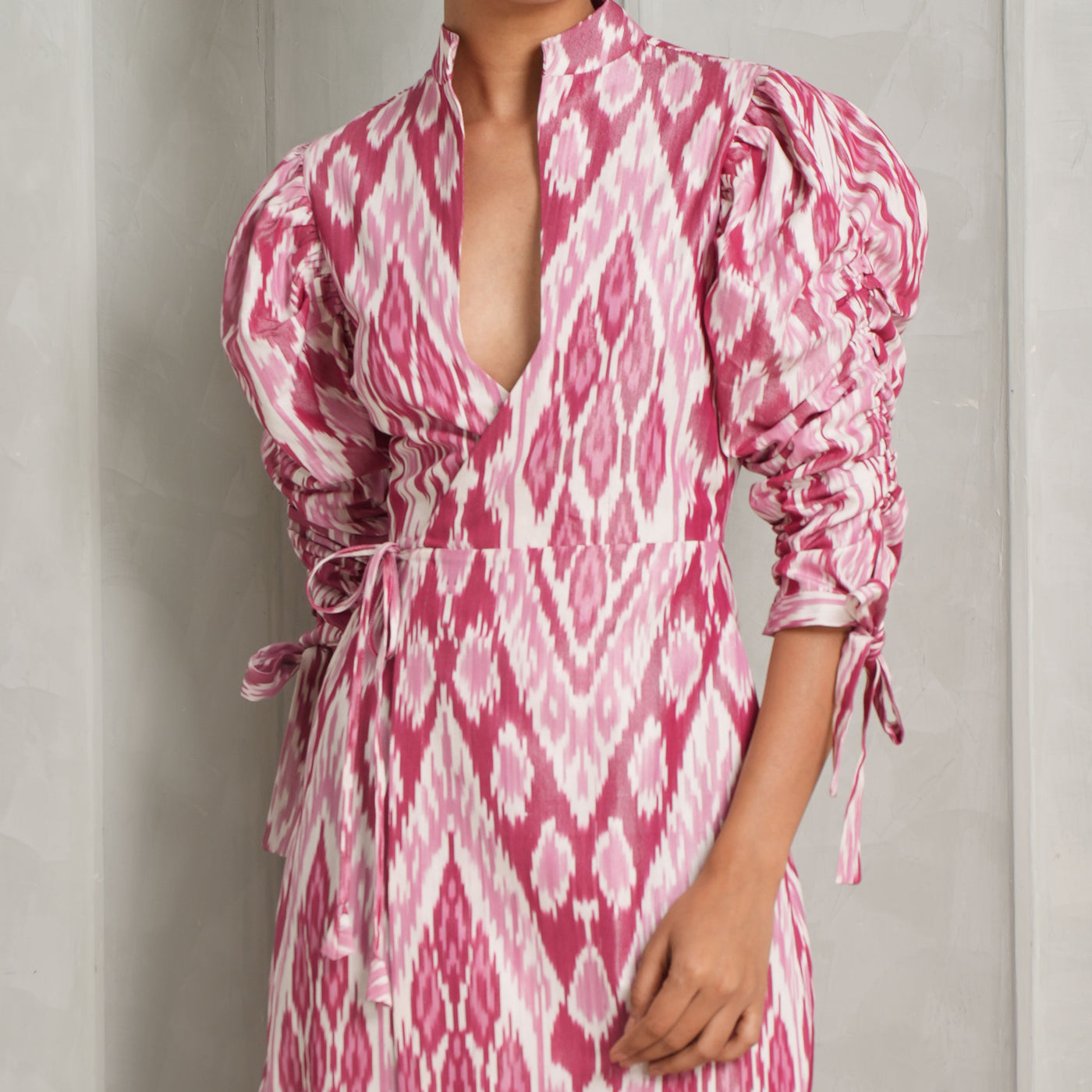 DE-CASTRO Candela Maxi Dress pink white linen puffed sleeves deep neck 