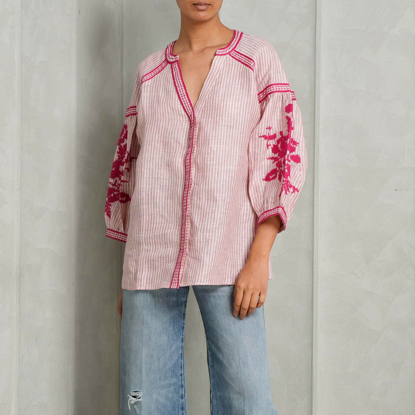 De Castro Pink Embroidered Stripe Top