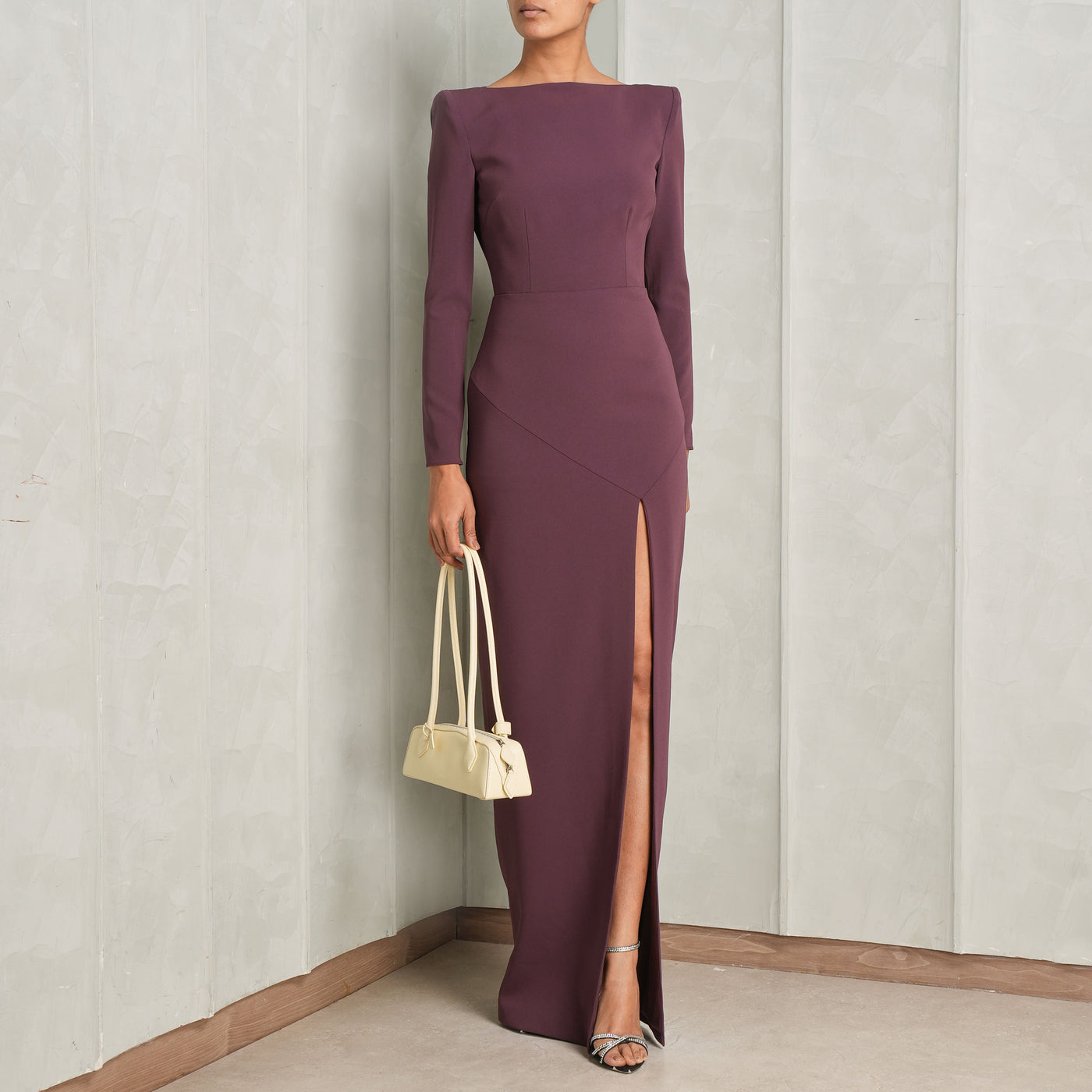 burgundy dress with high slit 