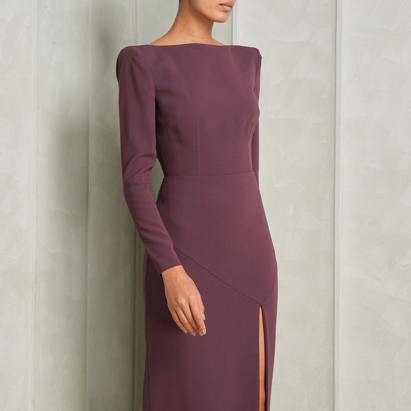 Purple evening dress with slit at Le Mill