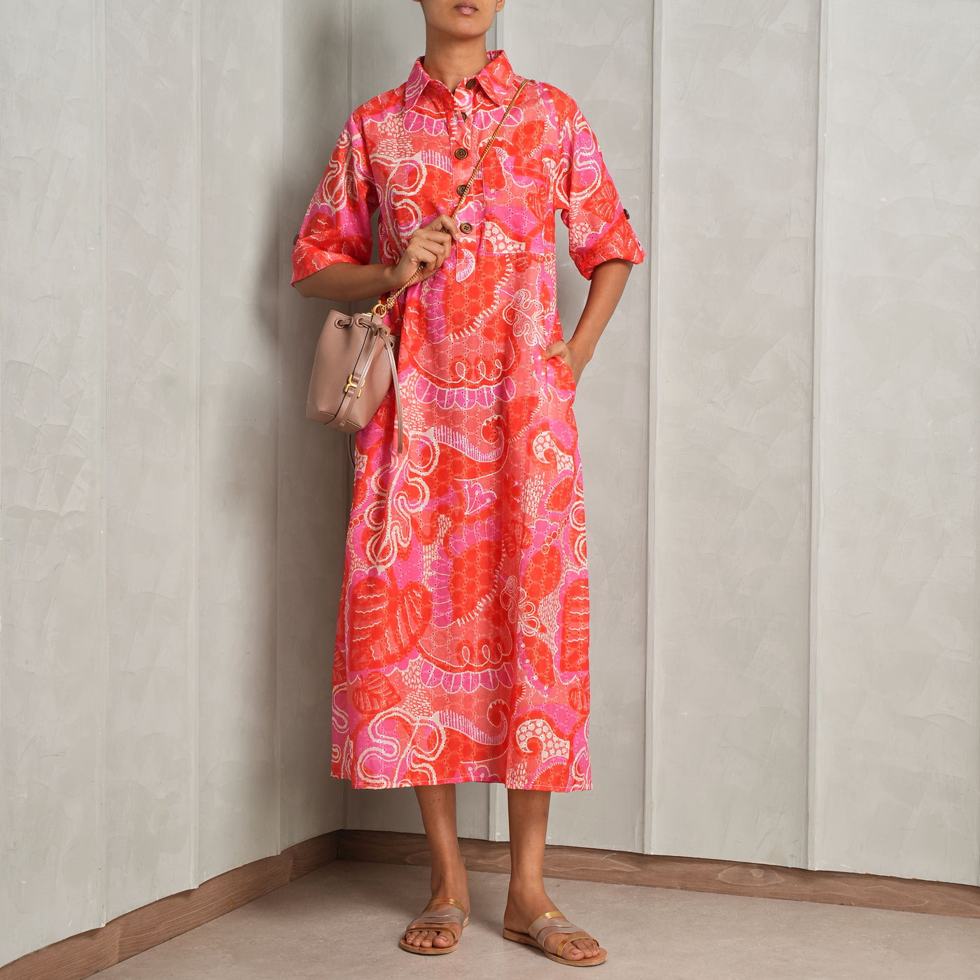 HAPPI SPACE honeydew kaftan dress cotton hakuba red jaipur print collared maxi dress