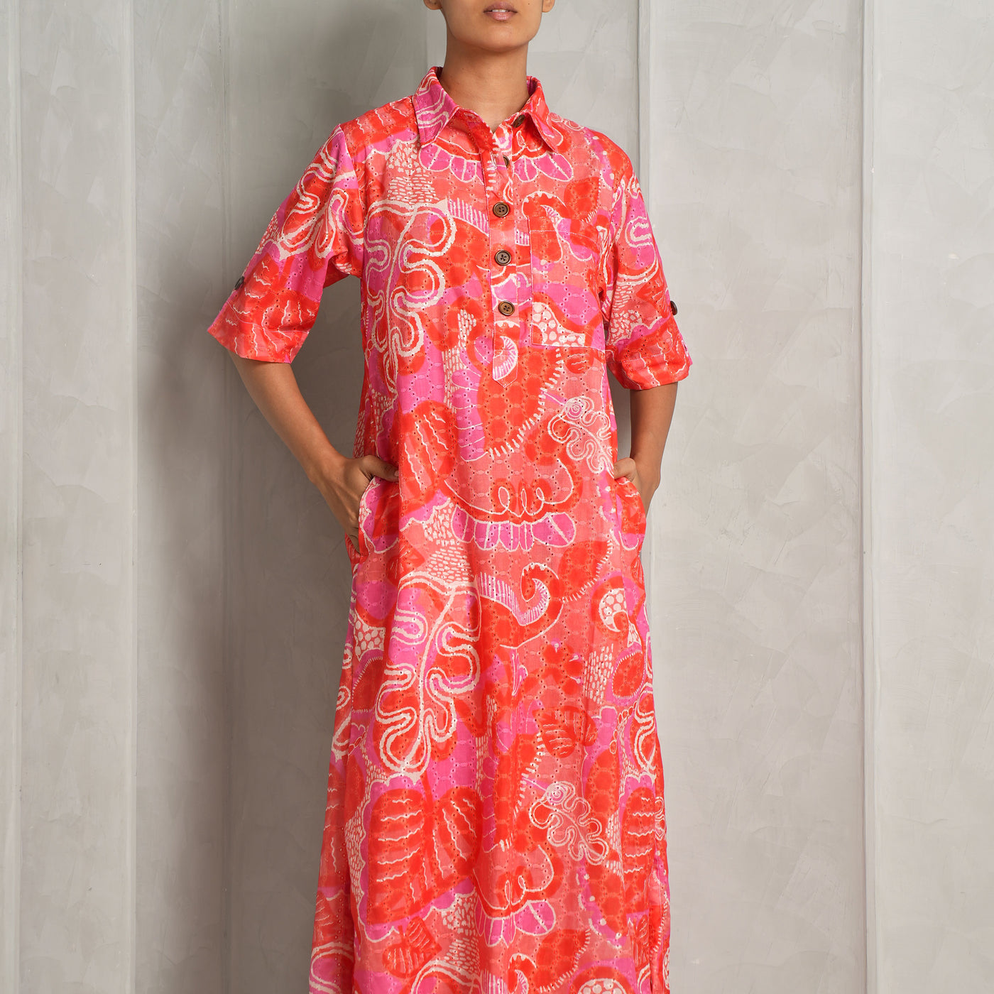 HAPPI SPACE honeydew kaftan dress cotton hakuba red jaipur print collared maxi dress with pockets