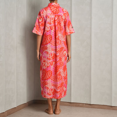 HAPPI SPACE honeydew kaftan dress cotton hakuba red jaipur print collared maxi dress with side slits 