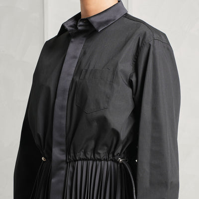 SACAI Black Pleated Midi Dress with a pointed collar & one chest pocket