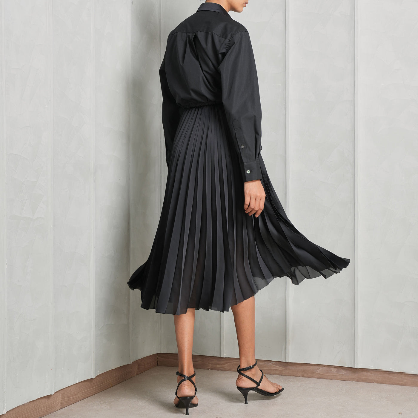 SACAI Black Midi Dress with a flared skirt & accordion pleats