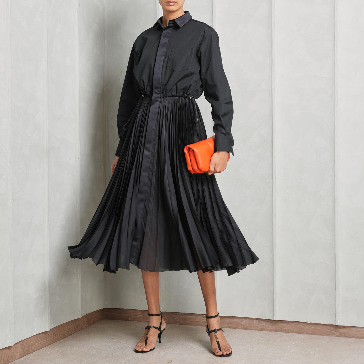 SACAI Black Pleated Midi Dress