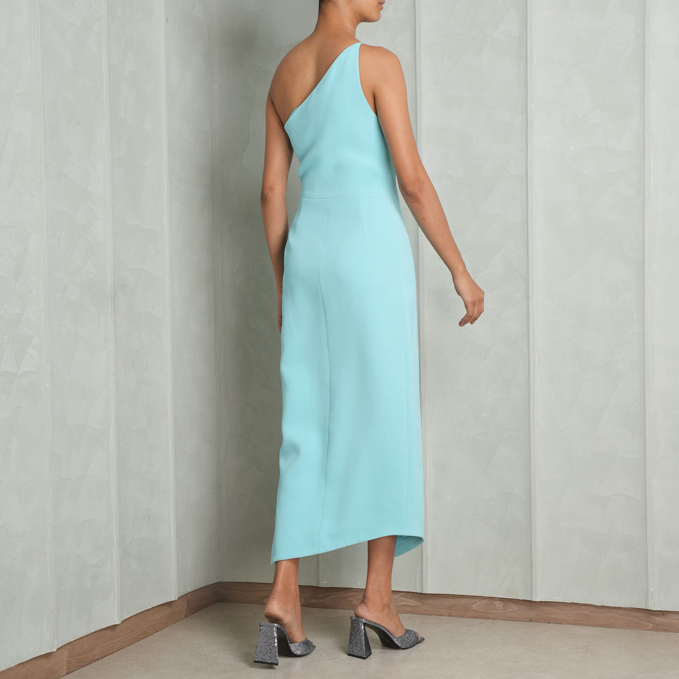 DAVID KOMA Crystal Ball Midi Dress soft blue silver crystal dress slit 