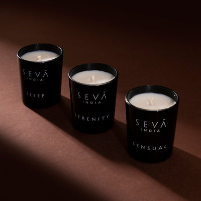 SEVA INDIA Set of 3 Soy Candles in black tinted glass