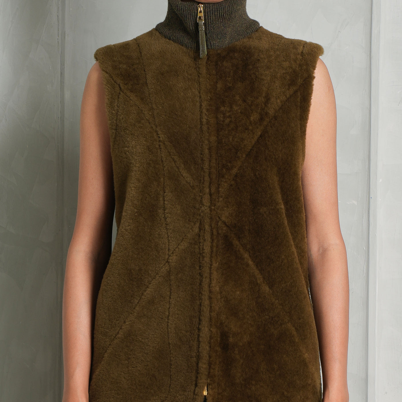 LOEWE Brown fur wool zipped puzzle fold vest
