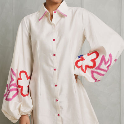 long sleeve emboidered silk shirtdress