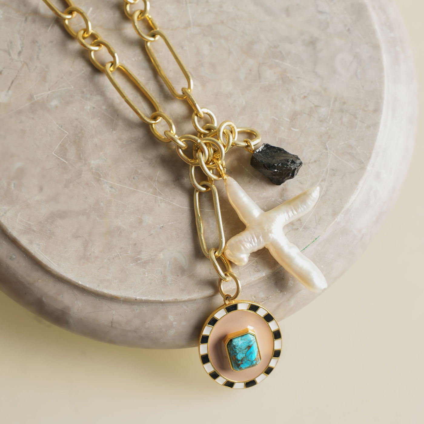 STUDIO LOVE LETTER Zena Necklace black white beige freshwater pearls copper turquoise