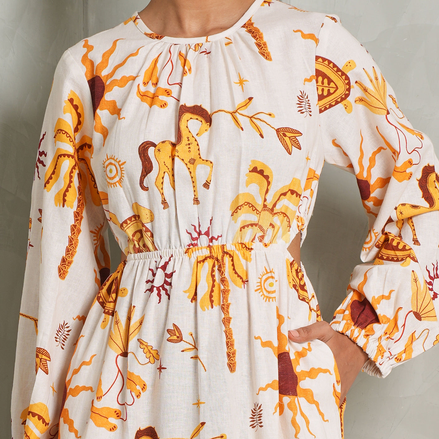 HAPPI SPACE tulum dress in athena linen white orange print with cutout