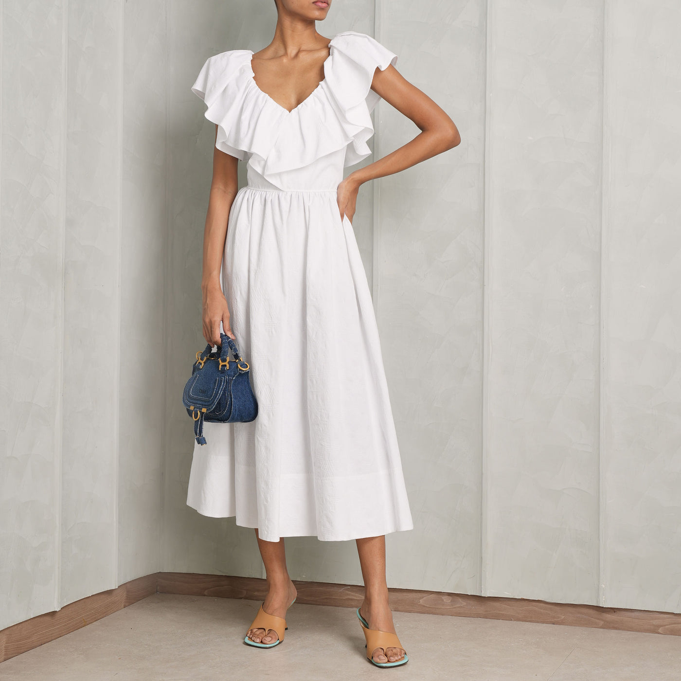 CHLOÉ white cotton ruffled sleeve midi dress
