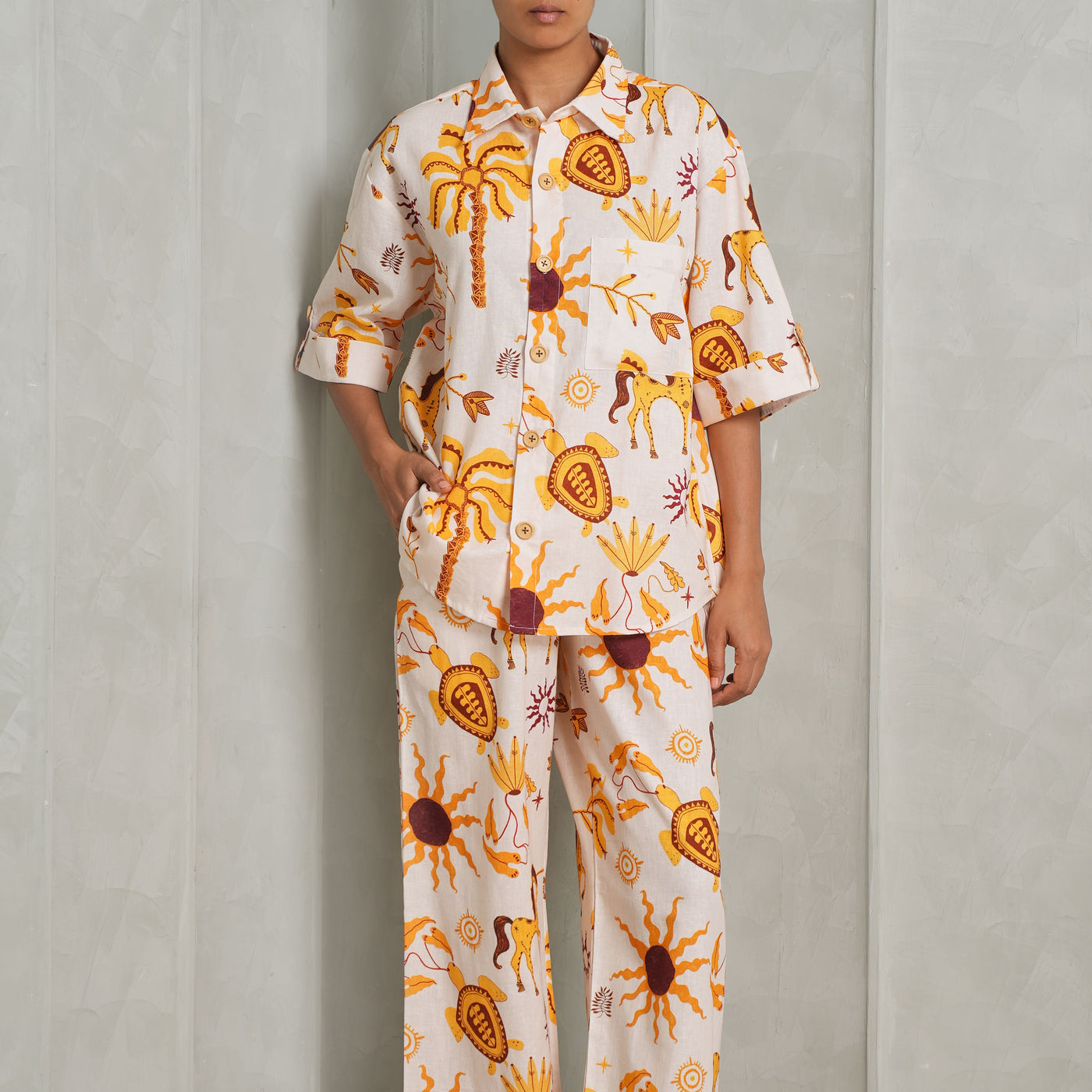 HAPPI SPACE gelato co-ord set linen white yellow multicolour print shirt and pant