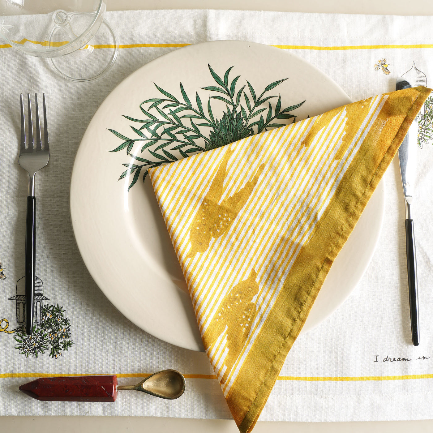 Ecru Yellow Bird Stripes Napkins