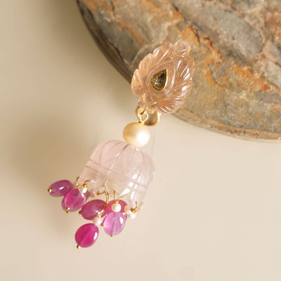 ZAYN BY SUNENA carved crystal rose quartz pink jhumkas