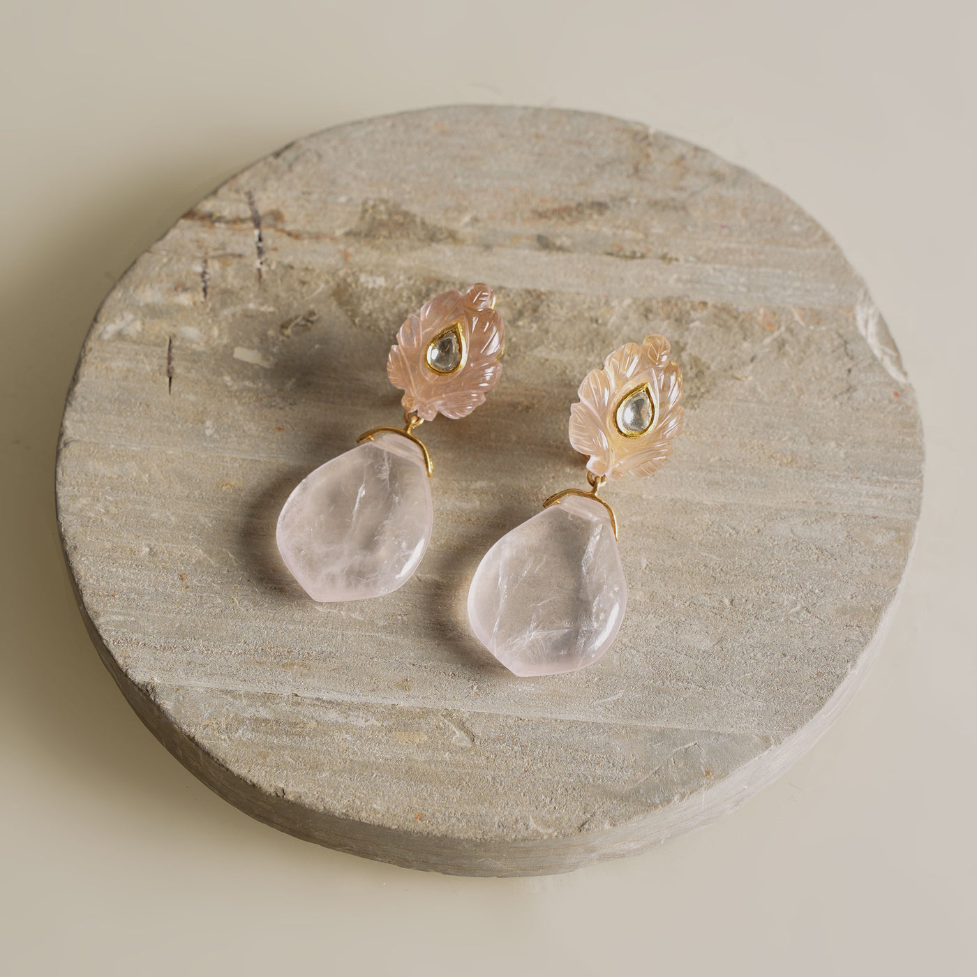 ZAYN BY SUNENA carved rose qaurtz with polkis earrings