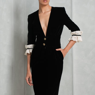 SAINT LAURENT  black silk and velvet fitted midi dress