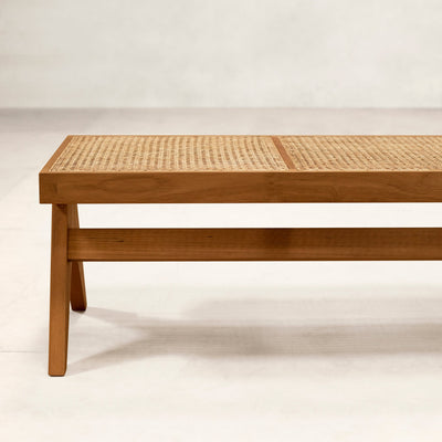 Phantom Hands Teak and Cane Bench Front View 