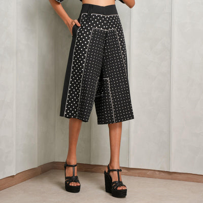 Leh Studios A-line Cropped Pants  featuring a dotted white silk thread embroidery in their signature hankerchief pattern.