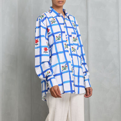 Happi Space Picnic Check Shirt with collard neck and long sleeves.