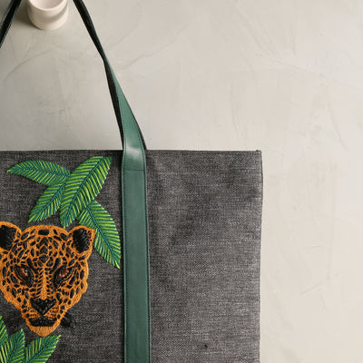 Jag Embroidered Tote from Nomada with embroidered detailing in green and orange 