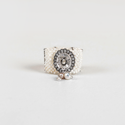 MOKSH Designer Diamond and Keshi Pearl Small Drop Victorian Perilea Ring