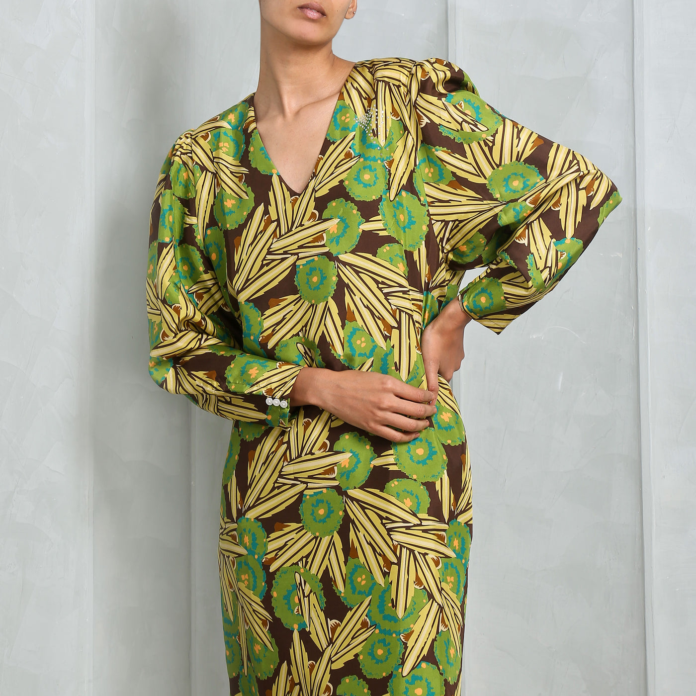 Rekha Printed Midi Dress from Bhaane in brown , yellow and green