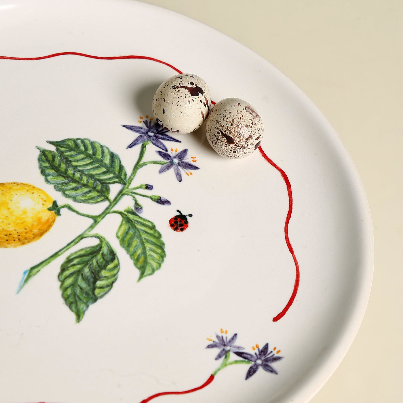 Summer Harvest Lemon Dinner Plate with ladybug detailing and lemon vine from Terravida