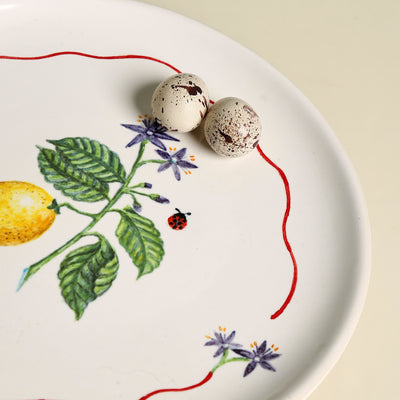 Summer Harvest Lemon Dinner Plate with ladybug detailing and lemon vine from Terravida